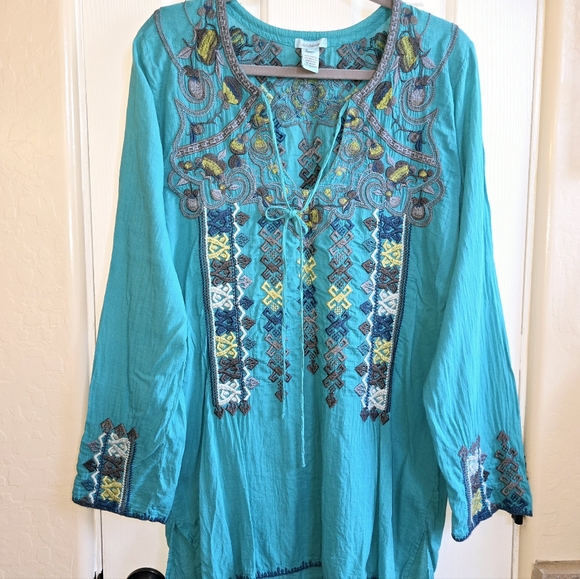 Johnny Was x Sundance Mila Embroidered Tunic Blouse Teal Blue Size Large EUC - Picture 10 of 14